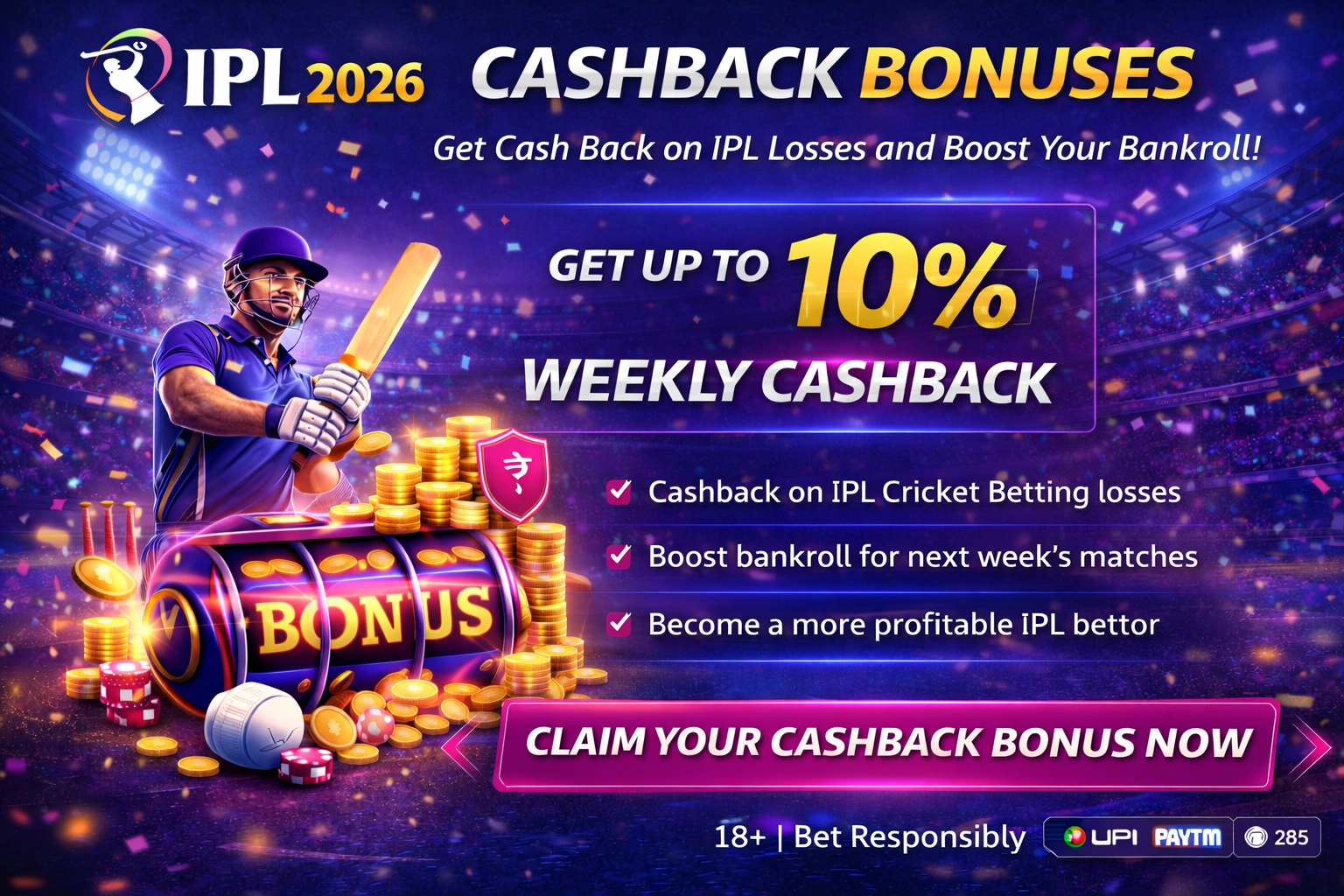 IPL Cricket Betting cashback bonus 2026 up to 10 percent weekly