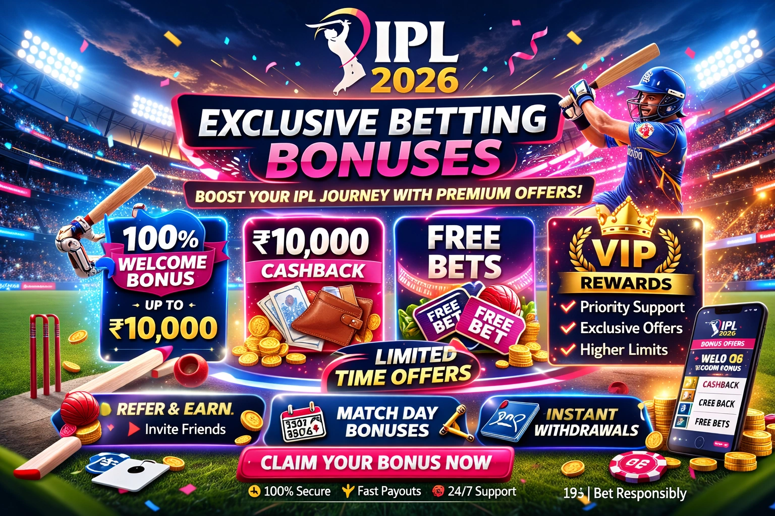 Exclusive IPL Cricket Betting bonuses including welcome bonus cashback and VIP rewards