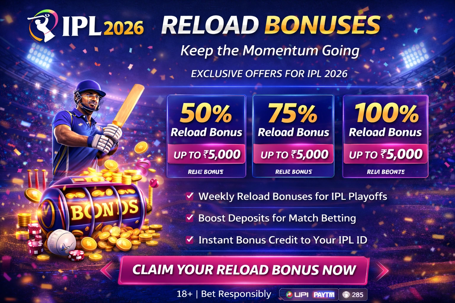 IPL Cricket Betting reload bonus offers 2026 up to ₹5,000