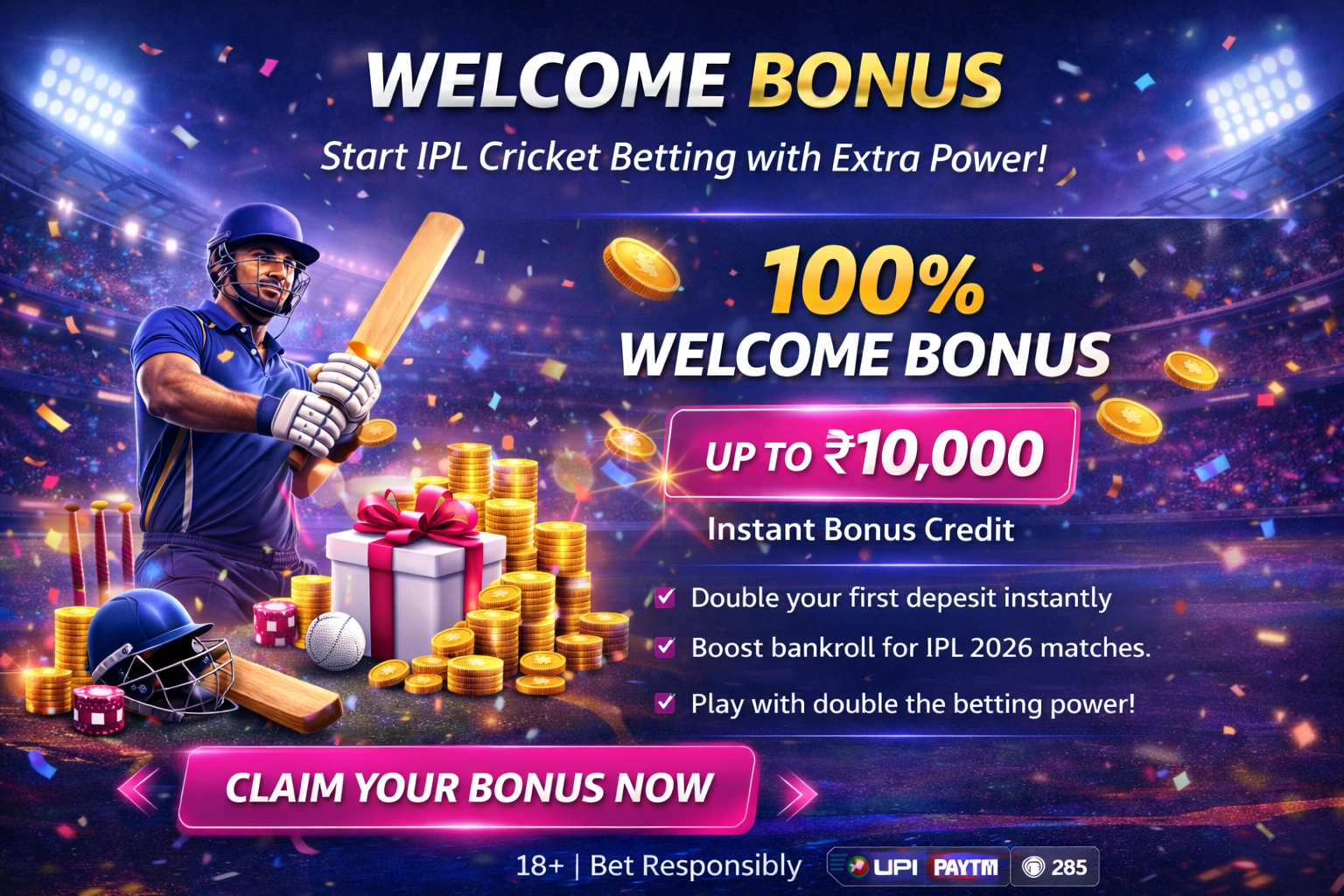 IPL Cricket Betting 2026 100 percent welcome bonus up to 10000 rupees