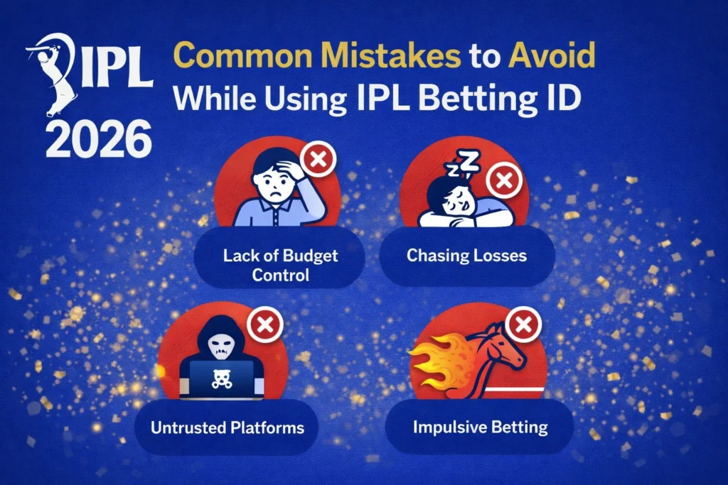 Common mistakes to avoid while using IPL Betting ID with IPL 2026 logo and betting risks illustration