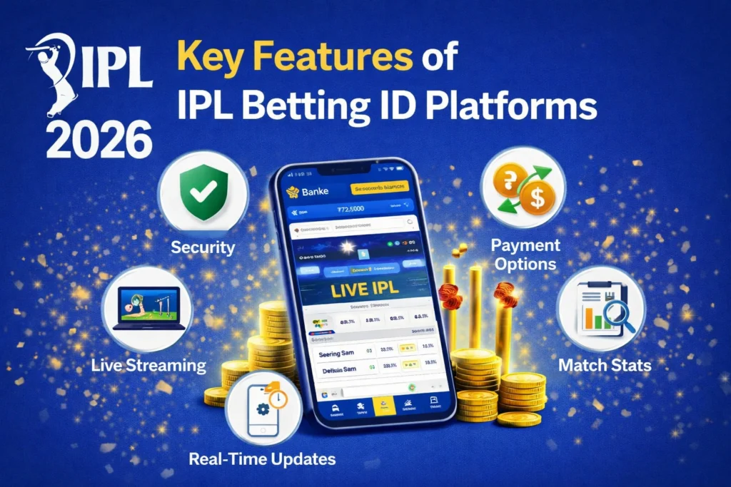 Key features of IPL Betting ID platforms with IPL 2026 logo, live betting app, and security payment options illustration