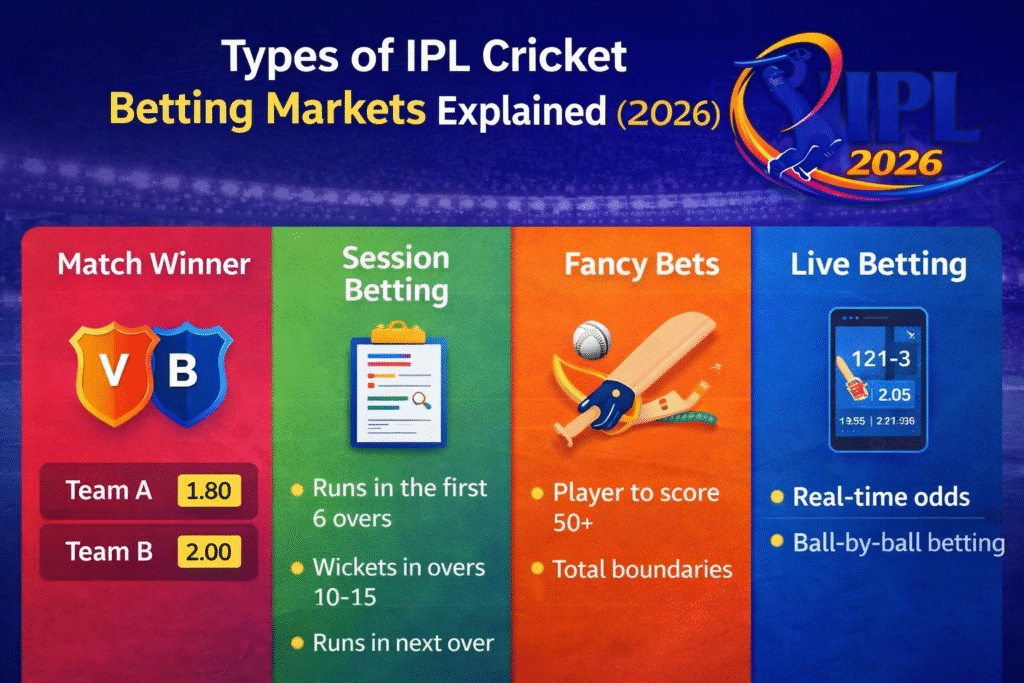 Types of IPL Cricket Betting Markets Explained 2026 – Match Winner, Session Betting, Fancy Bets, Live Betting