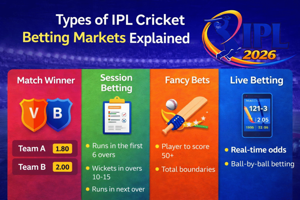 Types of IPL Cricket Betting Markets Explained 2026 – Match Winner, Session Betting, Fancy Bets, Live Betting
