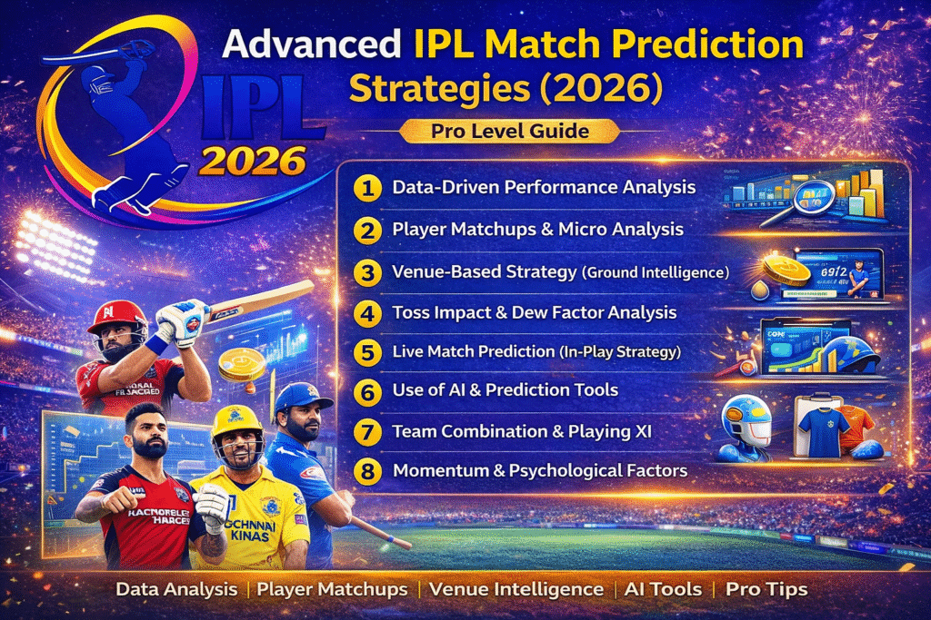 Advanced IPL Match Prediction Strategies 2026 with IPL Logo including AI tools, data analysis and expert tips