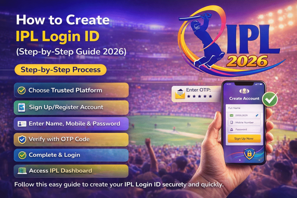How to create IPL Login ID 2026 step by step guide with IPL logo, signup process, OTP verification and cricket dashboard