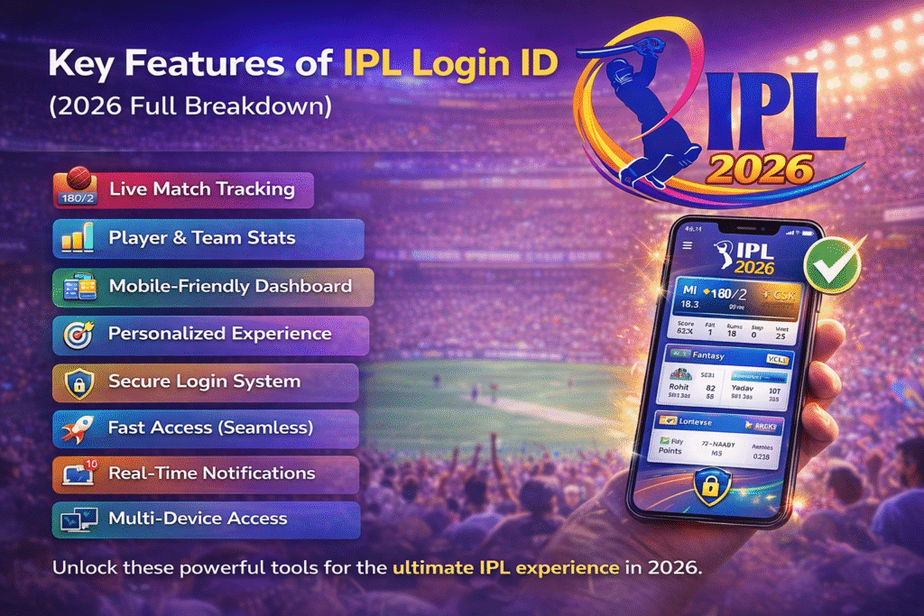 IPL Login ID 2026 features dashboard showing live match tracking, player stats, secure login and mobile cricket app interface with IPL logo